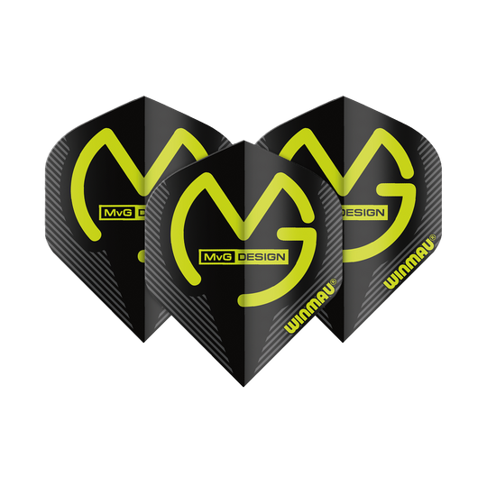 Das Bild zeigt drei schwarze Dart-Flights mit gelbem "MvG DESIGN" Logo und "Winmau"-Schriftzug. Die Flights sind im Standard-Format gestaltet.