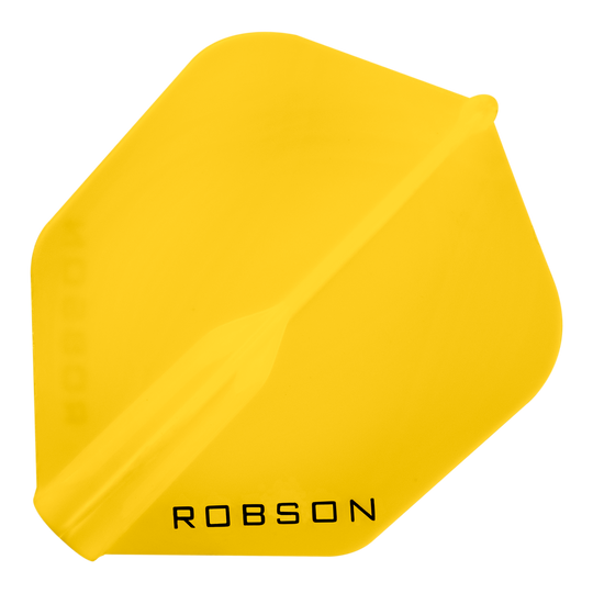 Das Bild zeigt ein gelbes Dartflight mit der Aufschrift "ROBSON". Das Flight hat eine klassische, leicht abgerundete Form.
