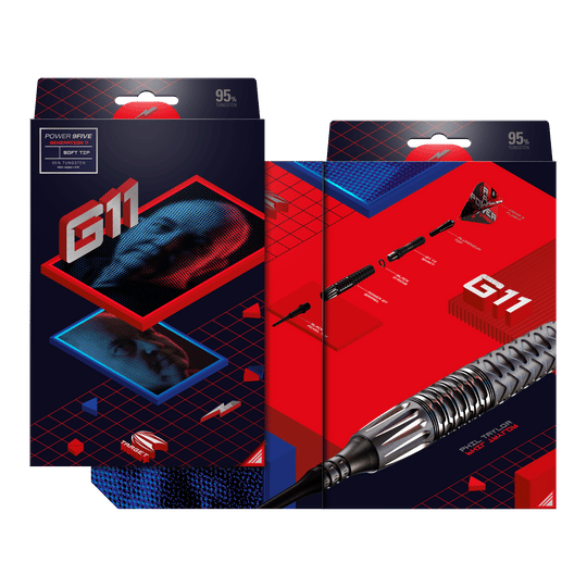 Die Verpackung zeigt moderne Grafiken und den Schriftzug "G11" in großen Buchstaben. Auf der Rückseite ist ein Softdart mit seinen einzelnen Komponenten abgebildet.