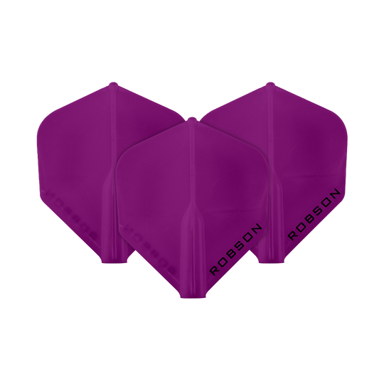 Das Bild zeigt drei violette Dartflights der Marke Robson. Auf jedem Flight steht das Wort "ROBSON" in schwarzer Schrift.