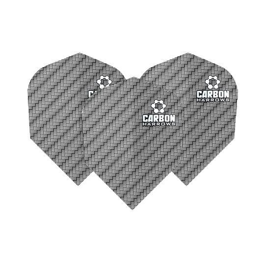 HR53_Harows_Carbon_No6_Flights_Weiss_1Av4KhCswcCxG3 Das Bild zeigt drei Harrows Carbon Flights HR53 für Darts. Sie haben ein schwarzes Muster mit weißem Logo und Schriftzug.
