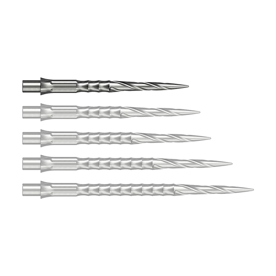 Caliburn System Steeldartspitzen - Spiro - NoLip - Silber Das Bild zeigt wahrscheinlich eine 28 mm lange Steeldartspitze aus Silber. Die Spitze ist Teil des Caliburn Evo Systems und trägt die Bezeichnung Spiro NoLip.
