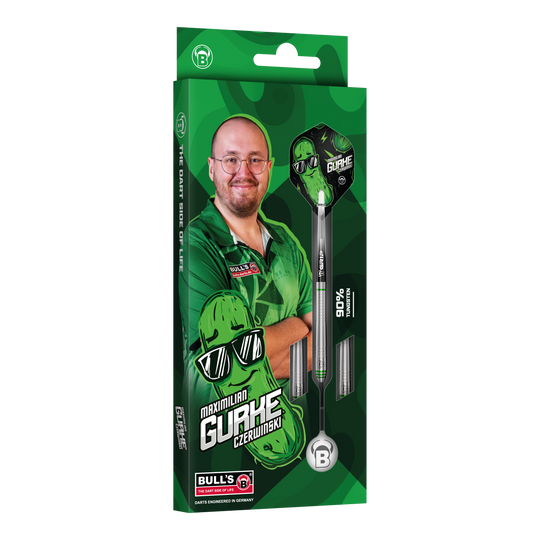 Bulls Max Czerwinski Gurke Steeldarts - 23g Bulls Max Czerwinski Gurke Steeldarts mit einem Gewicht von 23 Gramm. Diese Aufnahme zeigt Details des Dartpfeils.