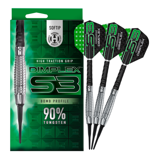 Harrows Dimplex S3 Bomb Softdarts Auf dem Bild sind die Harrows Dimplex S3 Bomb Softdarts und ihre Verpackung zu sehen. Die Darts haben einen hohen Grip und bestehen zu 90% aus Tungsten.
