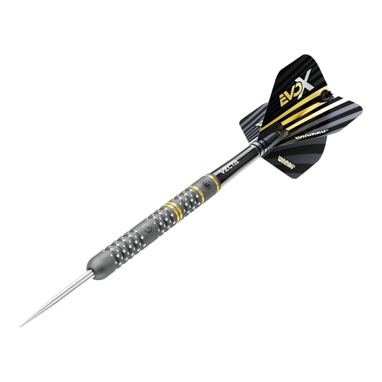 Das Bild zeigt einen Winmau Michael Van Gerwen Evo-X Steeldart. Der Dart hat ein schwarzes und gelbes Design mit metallischer Spitze und strukturierter Griffzone.