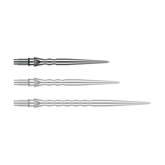 Winmau Switch Point Groove Steeldartspitzen - Silver Effect Abgebildet ist eine einzelne silberne Steeldartspitze mit Rillen, vermutlich vom Typ 'Switch Point Groove Silver Effect' und 26mm. Diese Spitze eignet sich für Steeldarts.
