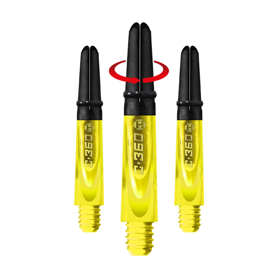 Auf dem Bild sind drei gelbe Harrows Carbon 360 Shafts zu sehen. In der Mitte ist ein Schaft mit einem roten Pfeil abgebildet, der auf eine Drehbewegung hinweist.