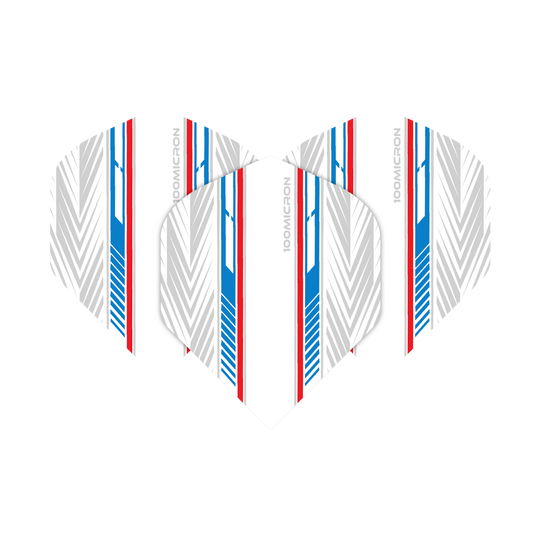 Pentathlon Flights weiß/blau/rot Das Bild zeigt die Pentathlon White Blue Red No2 Standard Flights. Sie haben ein weißes Design mit blauen und roten Streifen sowie grauen Mustern.