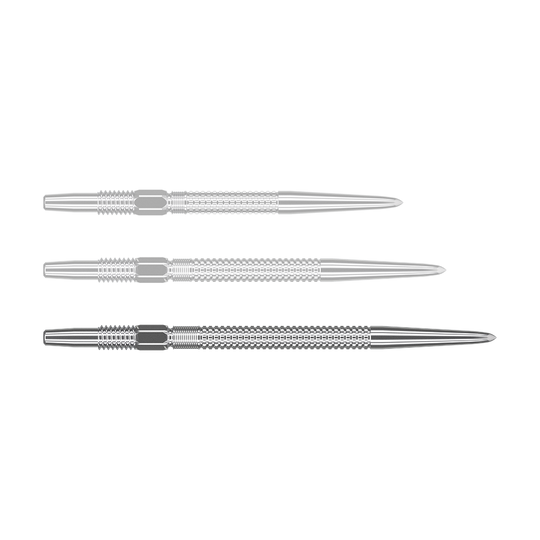 Das Bild zeigt drei silberne Dartspitzen des Produkts "Target Swiss Point GRD Silver Dartspitzen". Sie sind nebeneinander angeordnet und haben eine feine Riffelung für besseren Halt.