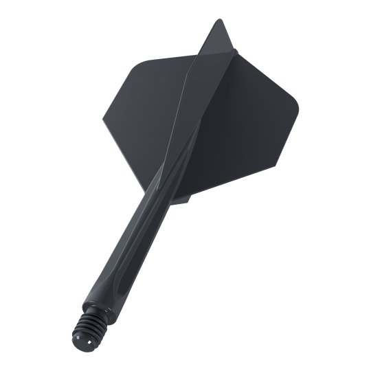 Das Bild zeigt einen schwarzen Dartflug mit integriertem Schaft in mittlerer Größe. Es handelt sich um das Modell "Unicorn Forge All In One Plus No2 Standard Flights Schwarz - Medium".