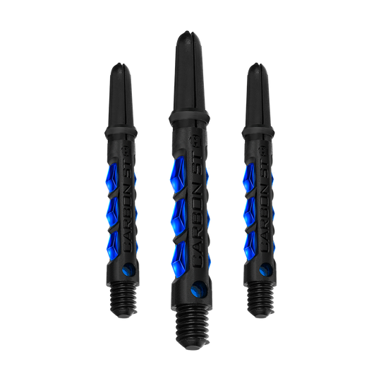 HR414_Harrows_Carbon_ST_Shafts_Blau_40mm_1 Das Bild zeigt drei Harrows Carbon ST Shafts in Blau. Sie haben ein schwarzes Design mit blauen Akzenten und sind für Darts geeignet.