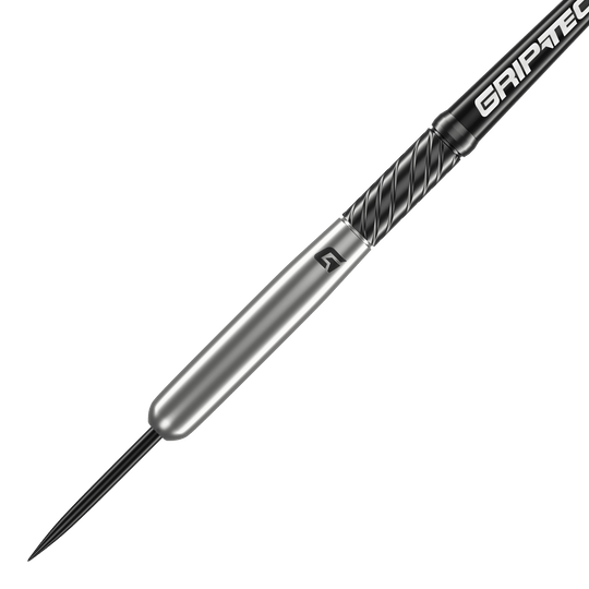 GOAT Homerun Baseball Tungsten Steeldarts Das Bild zeigt den GOAT Homerun Baseball Tungsten Steeldart. Der Dartpfeil hat ein schlankes, silbernes Design mit schwarzem Griffbereich und der Aufschrift "GRIPTEC".