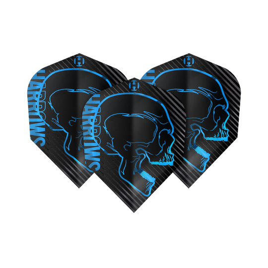 Harrows Rage Aqua No6 Flights Das Bild zeigt drei schwarze Dart-Flights mit einem blauen Totenkopf-Design und dem Schriftzug "Harrows". Die Flights gehören zum Produkt "Harrows Rage Aqua No6".