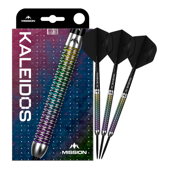 Mission Kaleidos Steeldarts Das Produkt Mission Kaleidos Steeldarts ist vollständig dargestellt. Die Abbildung ermöglicht einen Überblick über das komplette Dart-Set.