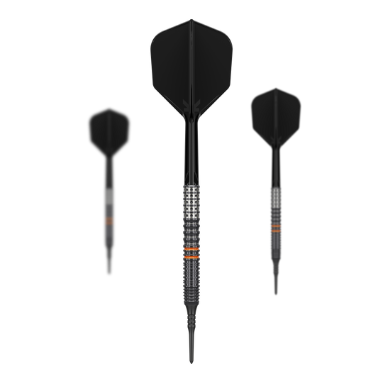 Target Japan Black Marque Morpheus GEN2 Softdarts - 19g Das Bild zeigt drei schwarze Softdarts des Modells "Target Japan Black Marque Morpheus GEN2 - 19g". Die Darts haben ein modernes Design mit silbernen und orangen Akzenten am Griffstück.