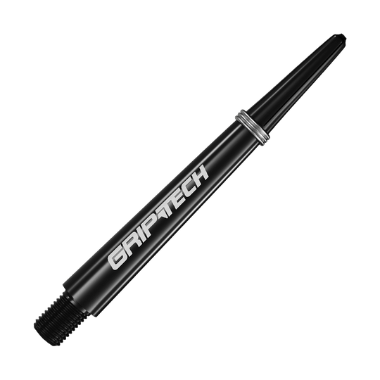 Auf dem Bild ist ein schwarzer Dart-Schaft mit der Aufschrift "GRIPTECH" zu sehen. Der Schaft ist schlank und hat silberne Ringe in der Nähe des oberen Endes.