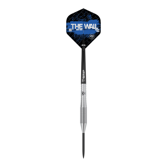 Das Bild zeigt einen Bull's Martin Schindler TW80 Steeldartpfeil. Auf dem Flight steht in weißer Schrift "THE WALL" vor einem blauen Hintergrund.