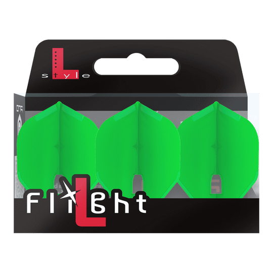 L-Style Champagne L1PRO Flights Die Abbildung zeigt eine Verpackung mit drei grünen Dartflights. Auf der Verpackung steht "L-Style Flight" in weißer und roter Schrift.
