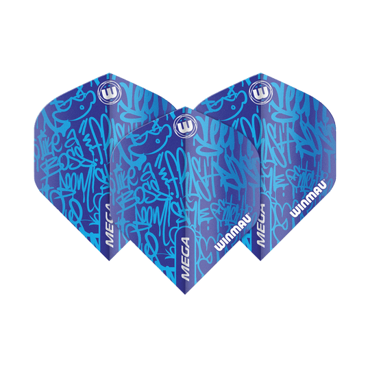 Das Bild zeigt drei blaue Dart-Flights der Marke Winmau mit dem Namen "Mega Blue Standard Flights". Die Flights haben ein auffälliges, grafisches Muster in verschiedenen Blautönen und weißen Schriftzügen.