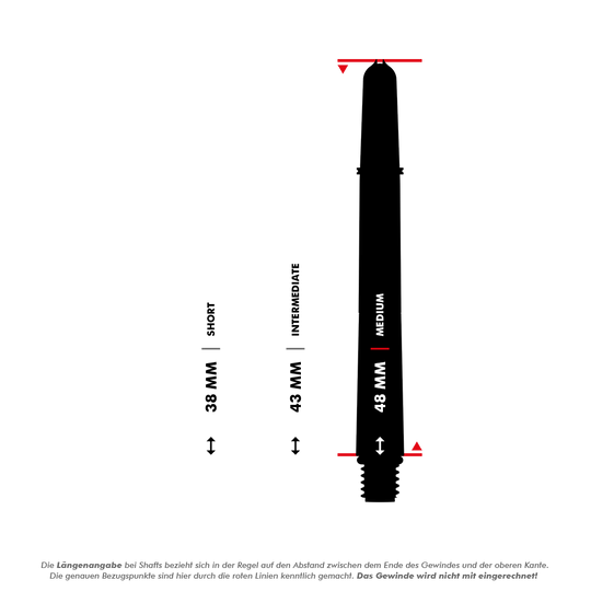 Dieses Bild zeigt drei verschiedene Längen von Dartshafts: 38 mm (Short), 43 mm (Intermediate) und 48 mm (Medium). Die roten Linien markieren die genauen Bezugspunkte zur Längenmessung, wobei das Gewinde nicht mit einberechnet wird.