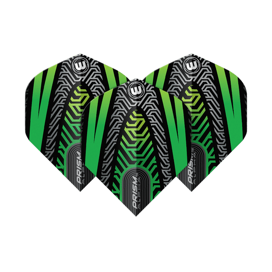 Das Bild zeigt drei Dartflights des Modells "Winmau Prism Alpha Schwarz Grün No2 Standard". Die Flights haben ein auffälliges, modernes Design in Schwarz, Grün und silbernen Linienmustern.