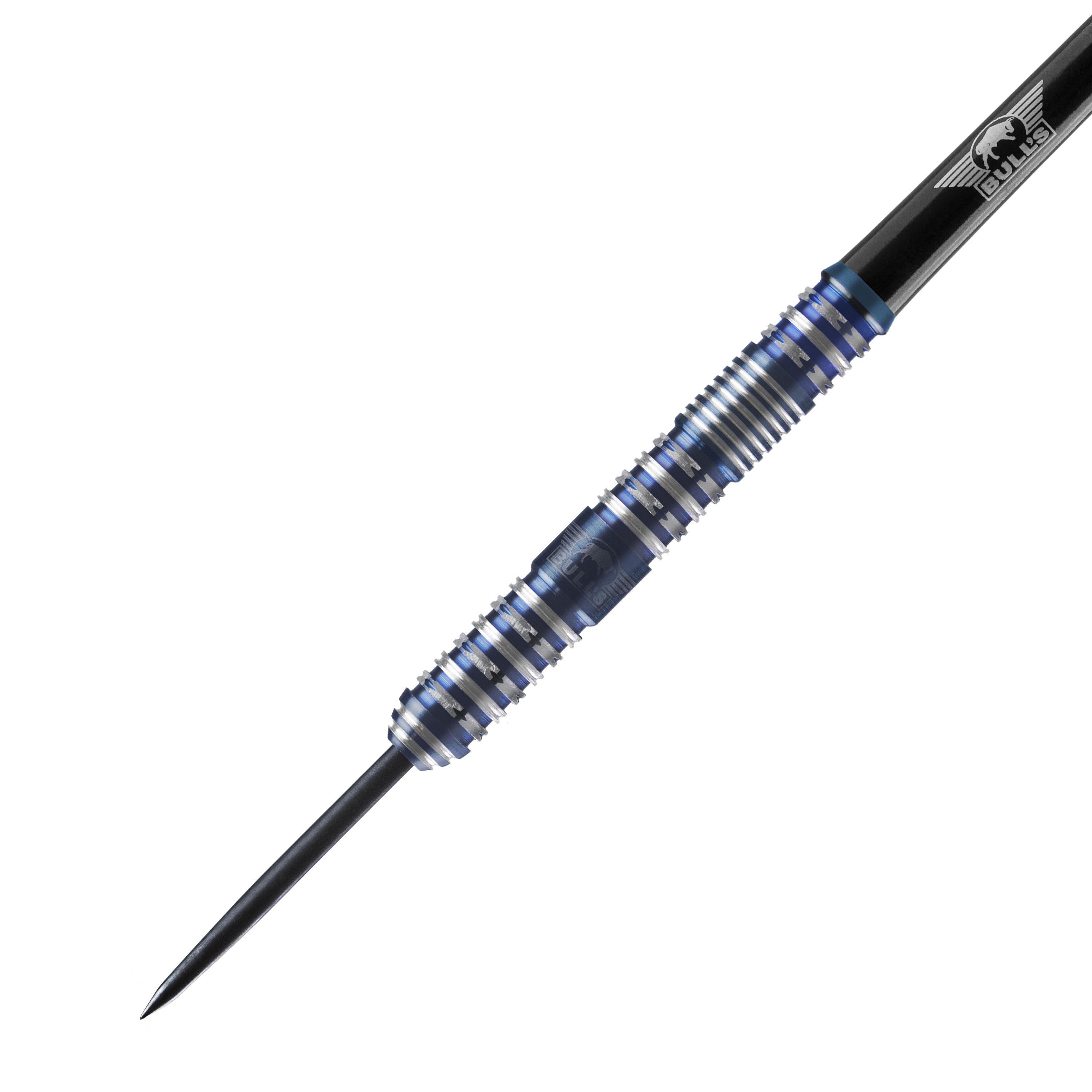 Bulls NL Silvian Steeldarts Das Bild zeigt einen Bulls NL Silvian Steeldart. Der Dartpfeil hat eine blaue und silberne Griffzone mit vielen Rillen für besseren Halt.
