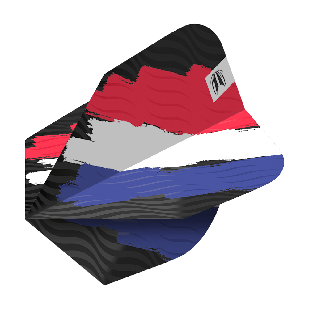 Dies ist ein Dart-Flight mit dem Design der niederländischen Flagge in Rot, Weiß und Blau. Das Modell heißt "Target ProUltra Flag Holland No6 Flights".