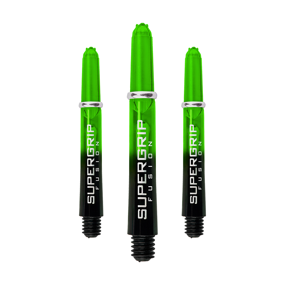 HR339_Harrows_Supergrip_Fusion_Shafts_Gr-n_33mm_1TK8mzDdettKPI Das Bild zeigt drei grüne Harrows Supergrip Fusion Shafts für Dartpfeile. Die Shafts haben ein modernes Design mit schwarzem unteren Teil und grüner transparenter Spitze.