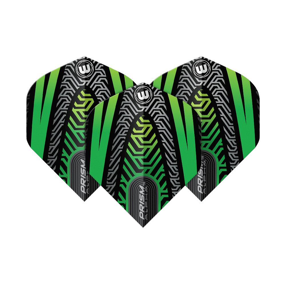 Das Bild zeigt drei Dartflights des Modells "Winmau Prism Alpha Schwarz Grün No2 Standard". Die Flights haben ein auffälliges, modernes Design in Schwarz, Grün und silbernen Linienmustern.