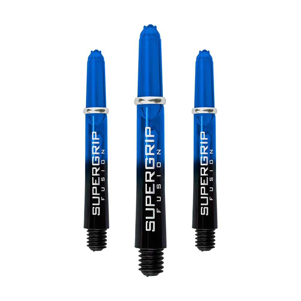 HR336_Harrows_Supergrip_Fusion_Shafts_Blau_33mm_18Rep4RlghG1nI Das Bild zeigt drei blaue Harrows Supergrip Fusion Shafts. Die Schrift "SUPERGRIP FUSION" ist deutlich auf den Schäften zu sehen.
