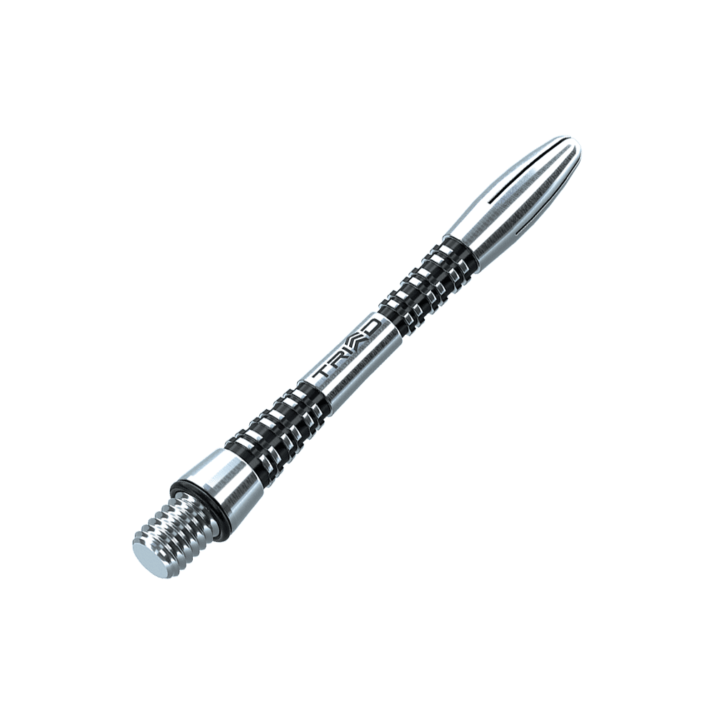 Das Bild zeigt einen Winmau Triad Aluminium Schaft in Schwarz. Der Schaft hat ein modernes, geriffeltes Design und ist aus Metall gefertigt.