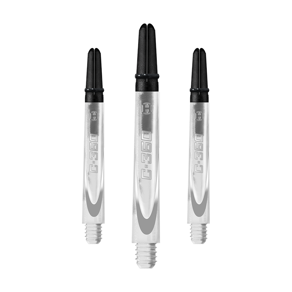 HR448_Harrows_Carbon_360_Shafts_Clear_49mm_1EXwDpJSfnNzw3 Das Bild zeigt drei transparente Dartschäfte mit schwarzem oberen Ende. Auf den Schäften steht die Aufschrift "C:360".