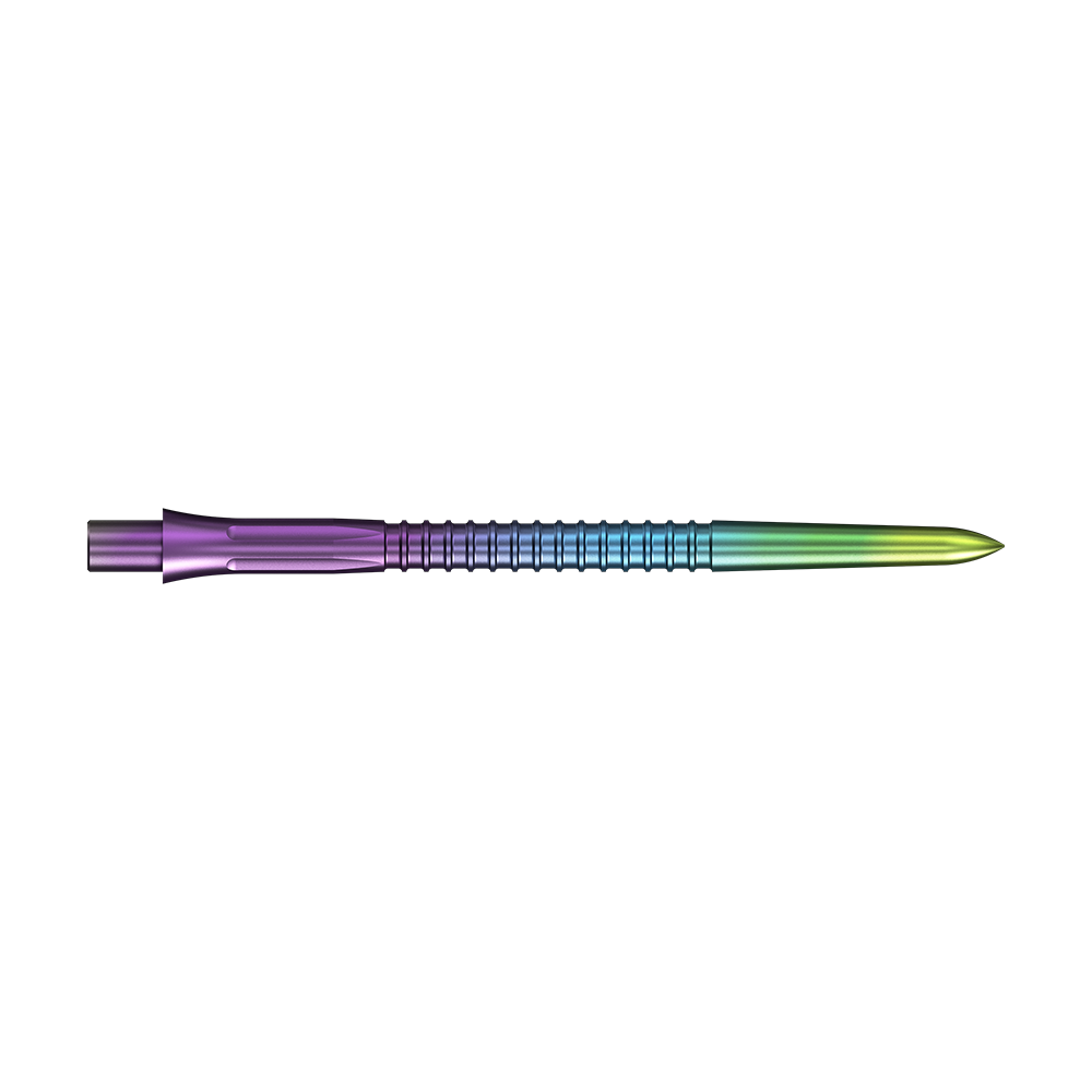 Hier sieht man Steeldartspitzen mit Regenbogen-Finish in einer Länge von 38 mm. Das Bild zeigt das Modell Mission Caliburn EVO GV1.