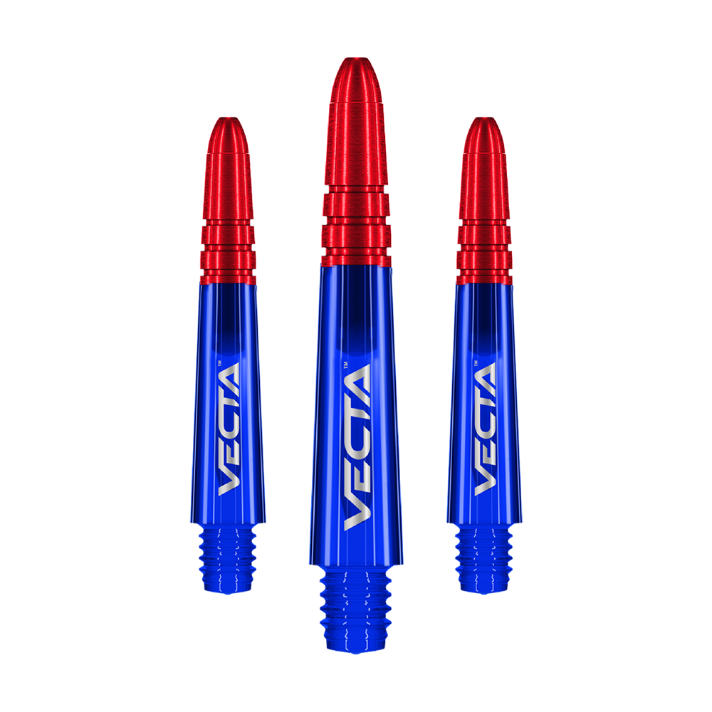 Auf dem Bild sind drei Dartschäfte der Marke Vecta zu sehen. Sie sind blau mit roten Spitzen und haben das Vecta-Logo aufgedruckt.