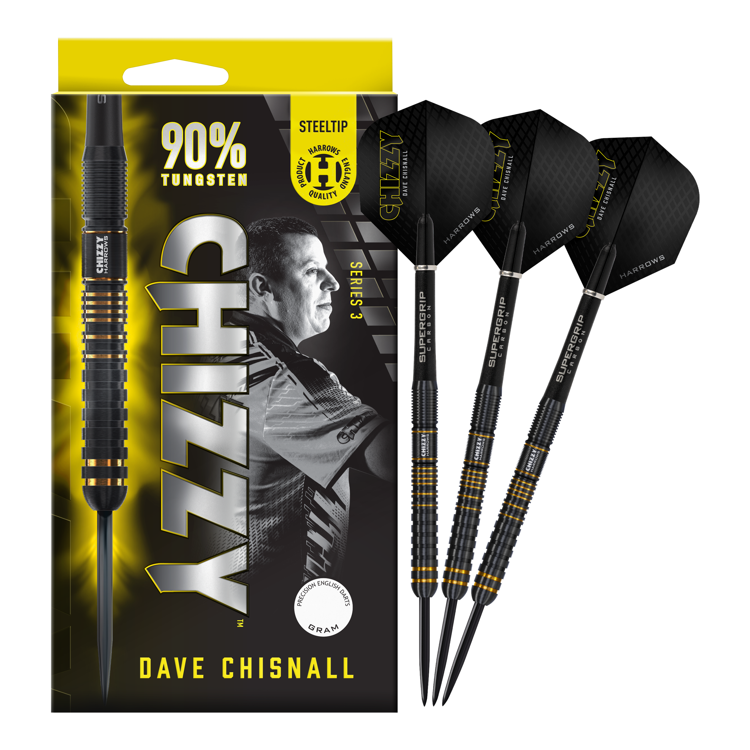 Harrows Dave Chisnall Chizzy Series 3 Steeldarts Das Bild zeigt eine Verpackung der Harrows Dave Chisnall Chizzy Series 3 Steeldarts mit einem Porträt von Dave Chisnall. Rechts daneben sind drei schwarze und gelbe Steeldarts abgebildet.